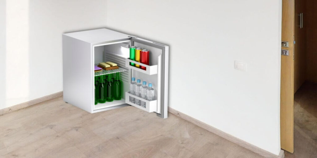 mini fridge in corner